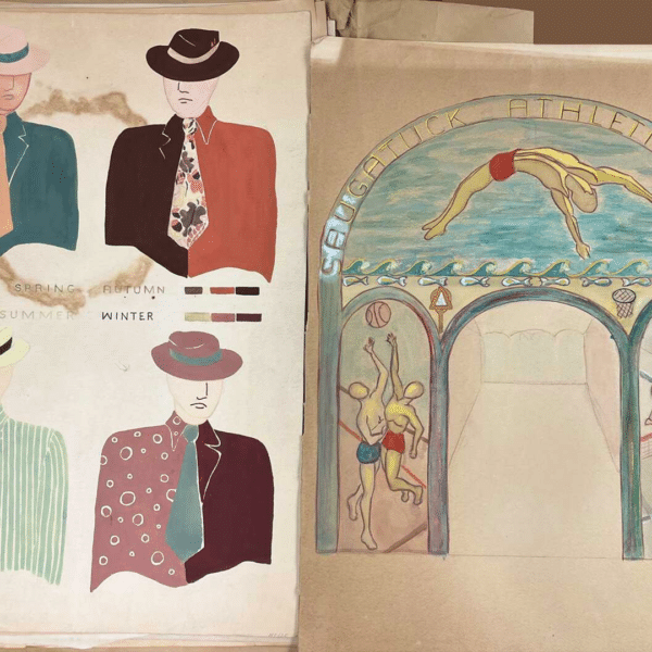 Photo of a drawing by Celia House, with ideas for mens fashions and an archway