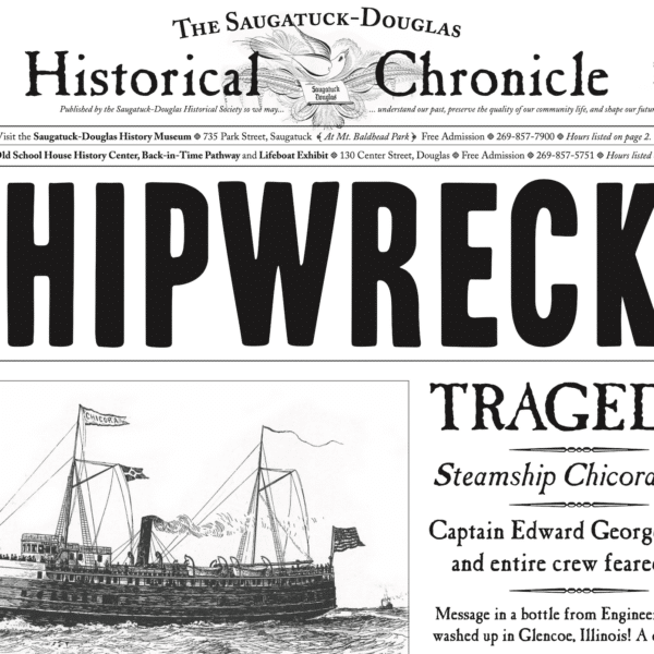 Newspaper headline "Shipwreck" and a drawing of the steamship Chicora